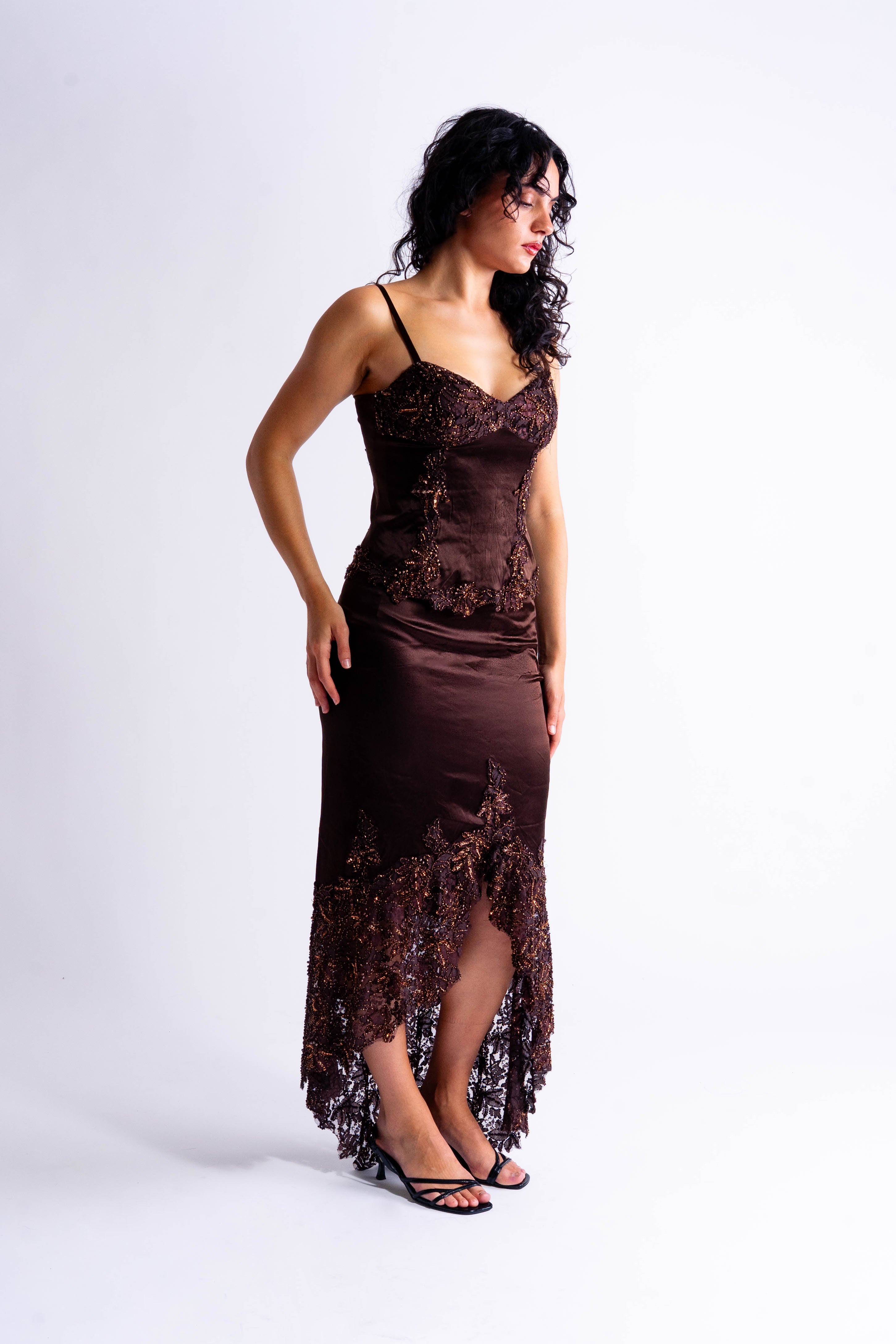 Brown Beaded High Low Two Piece