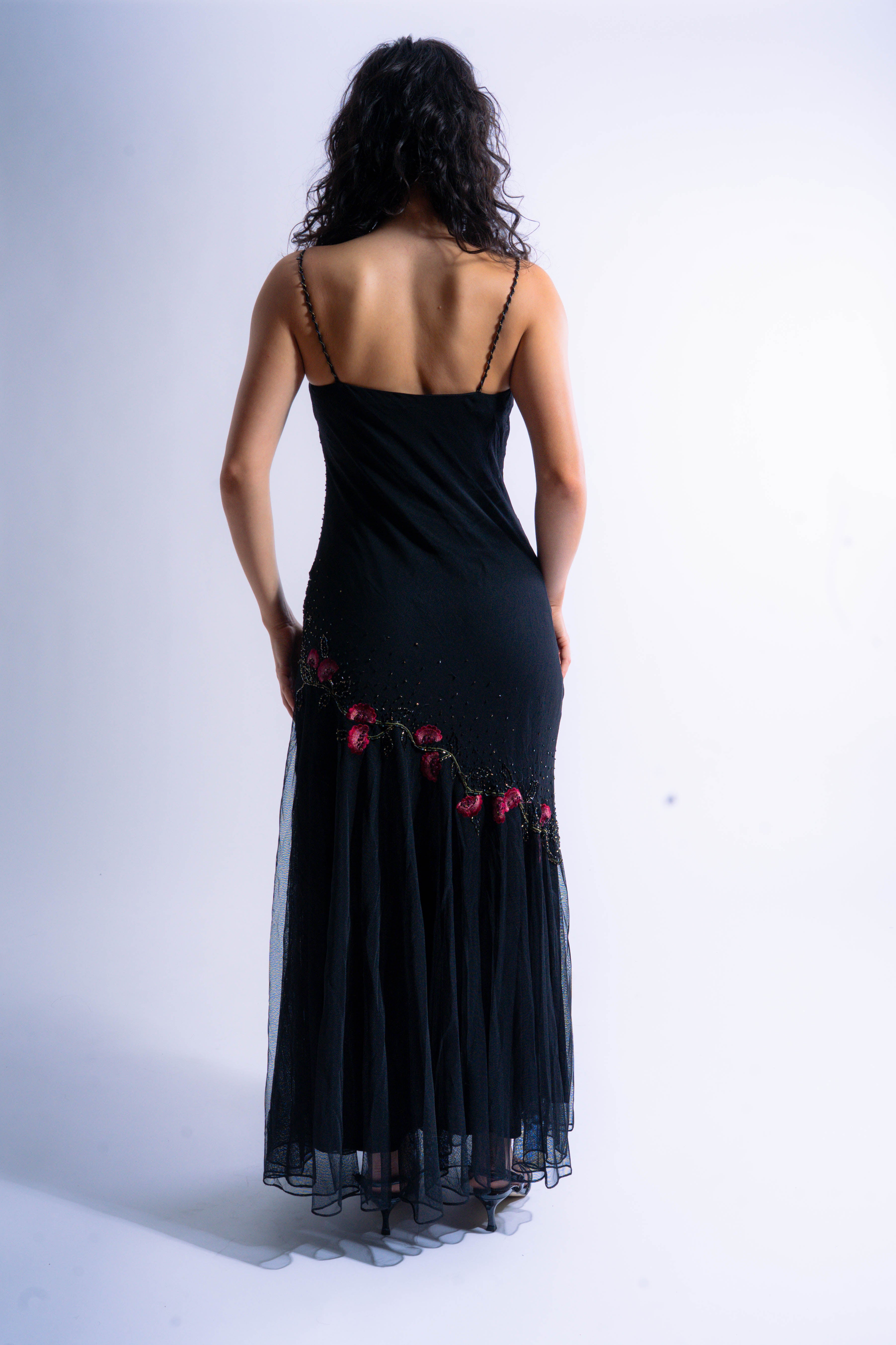 Black Floral Beaded Floor Length Gown