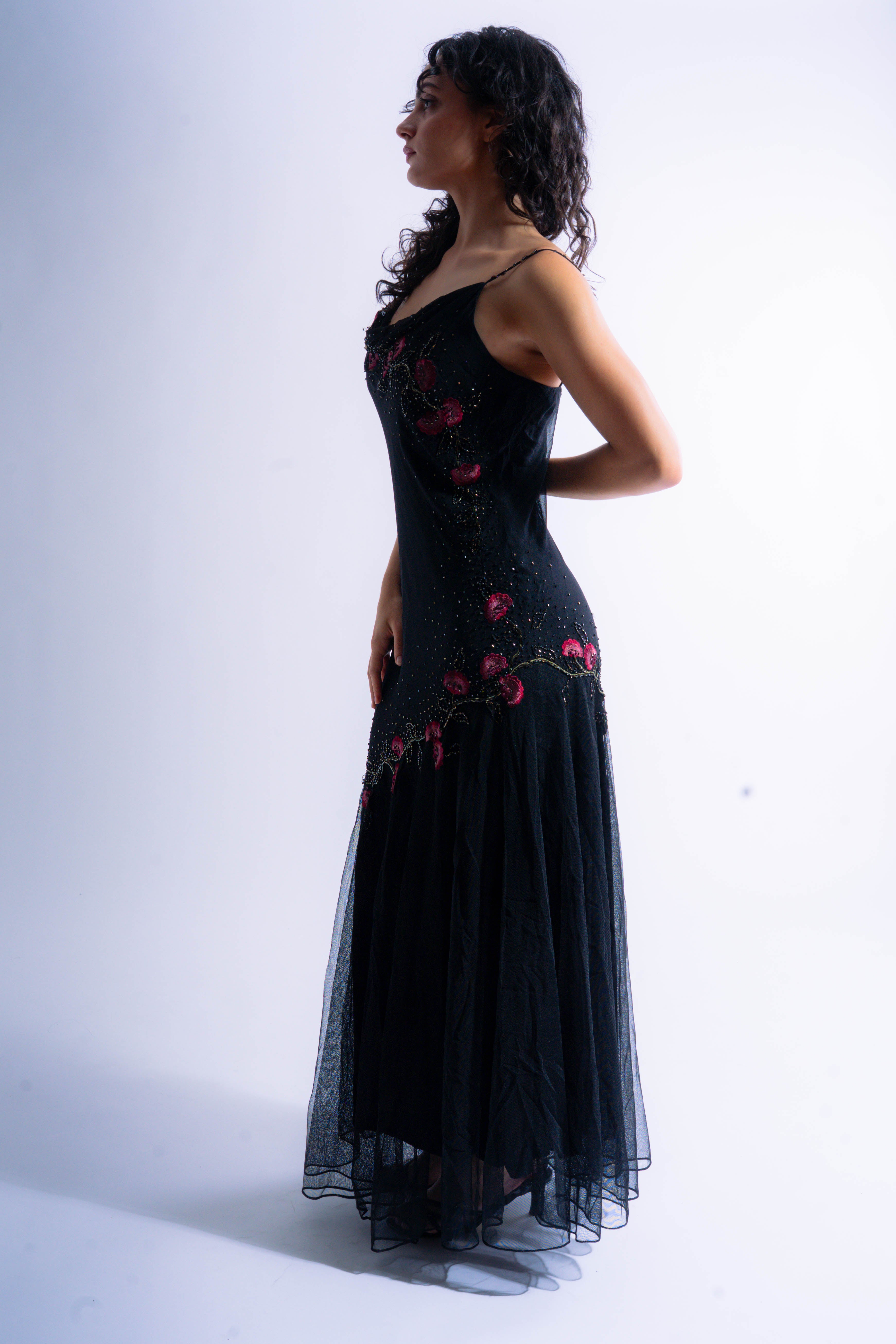 Black Floral Beaded Floor Length Gown