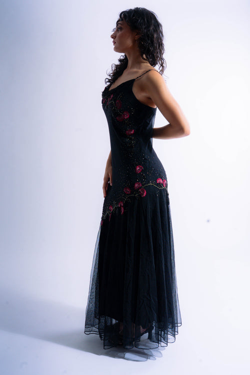 Black Floral Beaded Floor Length Gown