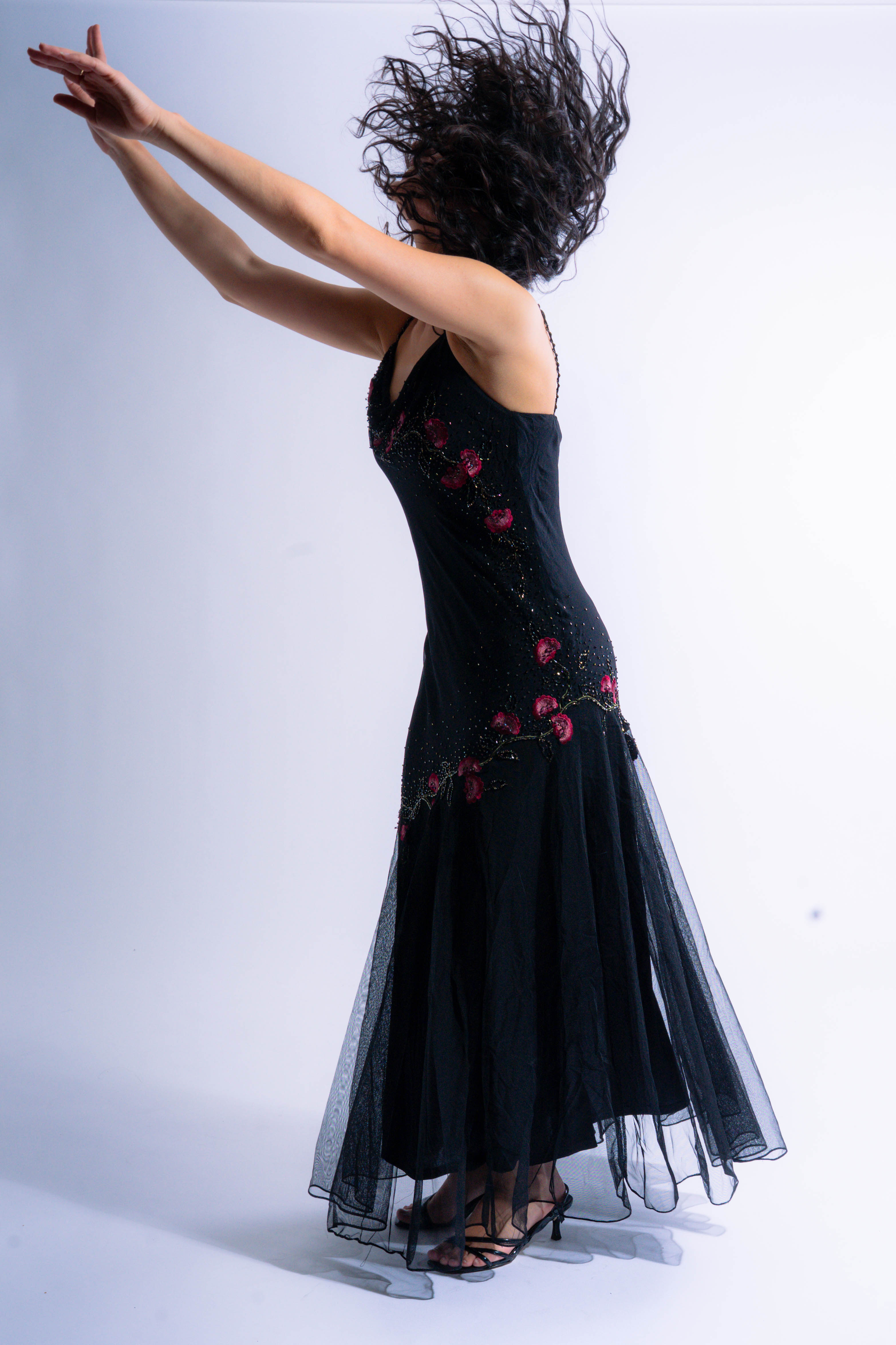 Black Floral Beaded Floor Length Gown