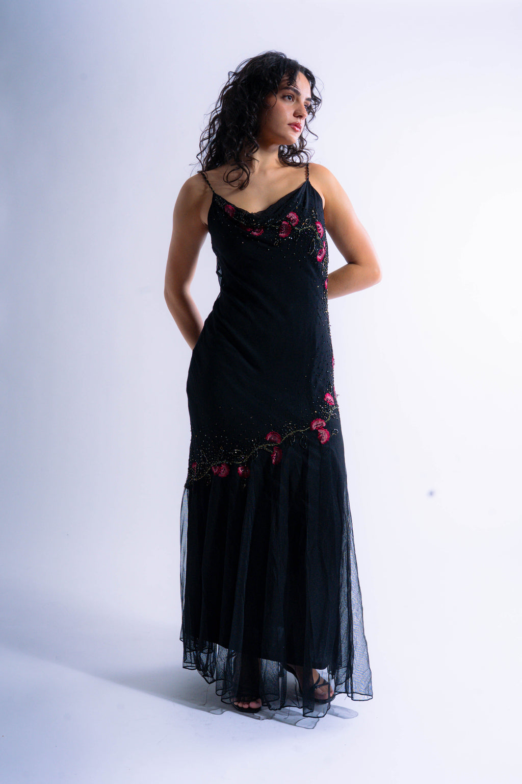 Black Floral Beaded Floor Length Gown