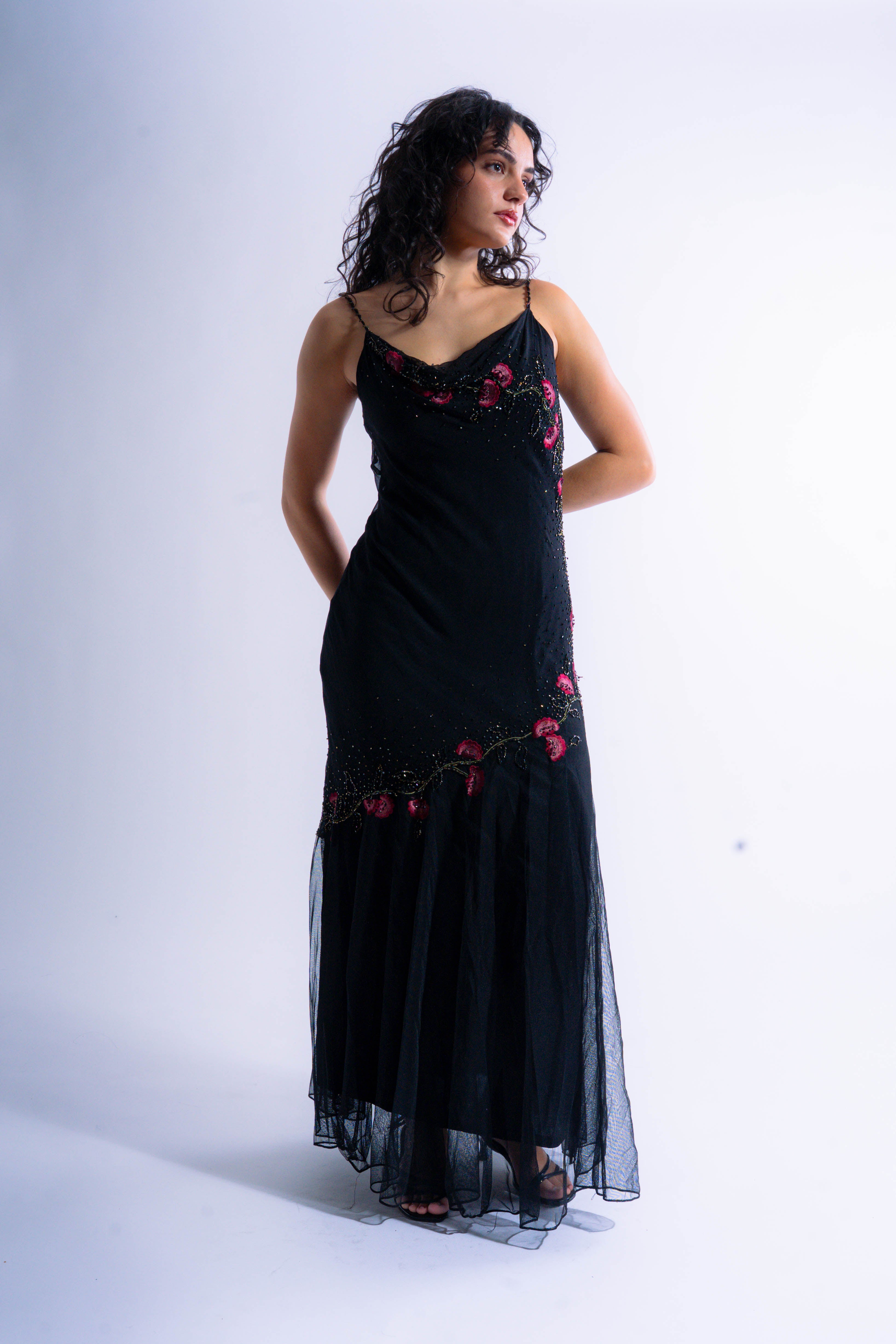 Black Floral Beaded Floor Length Gown