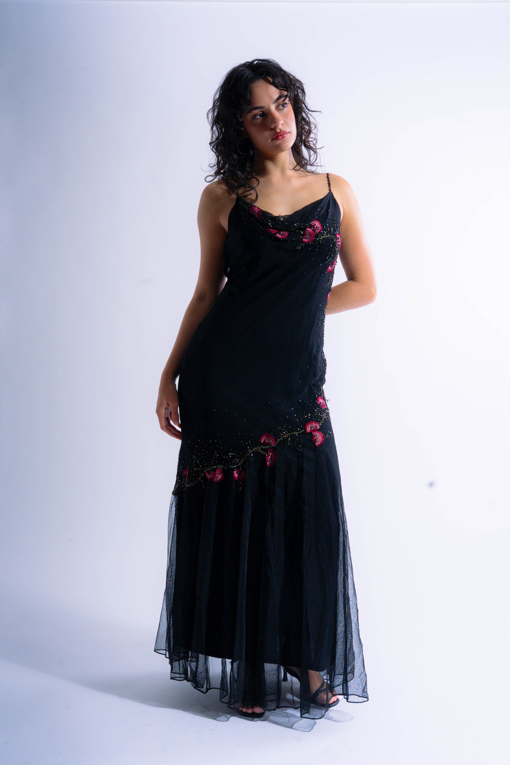 Black Floral Beaded Floor Length Gown