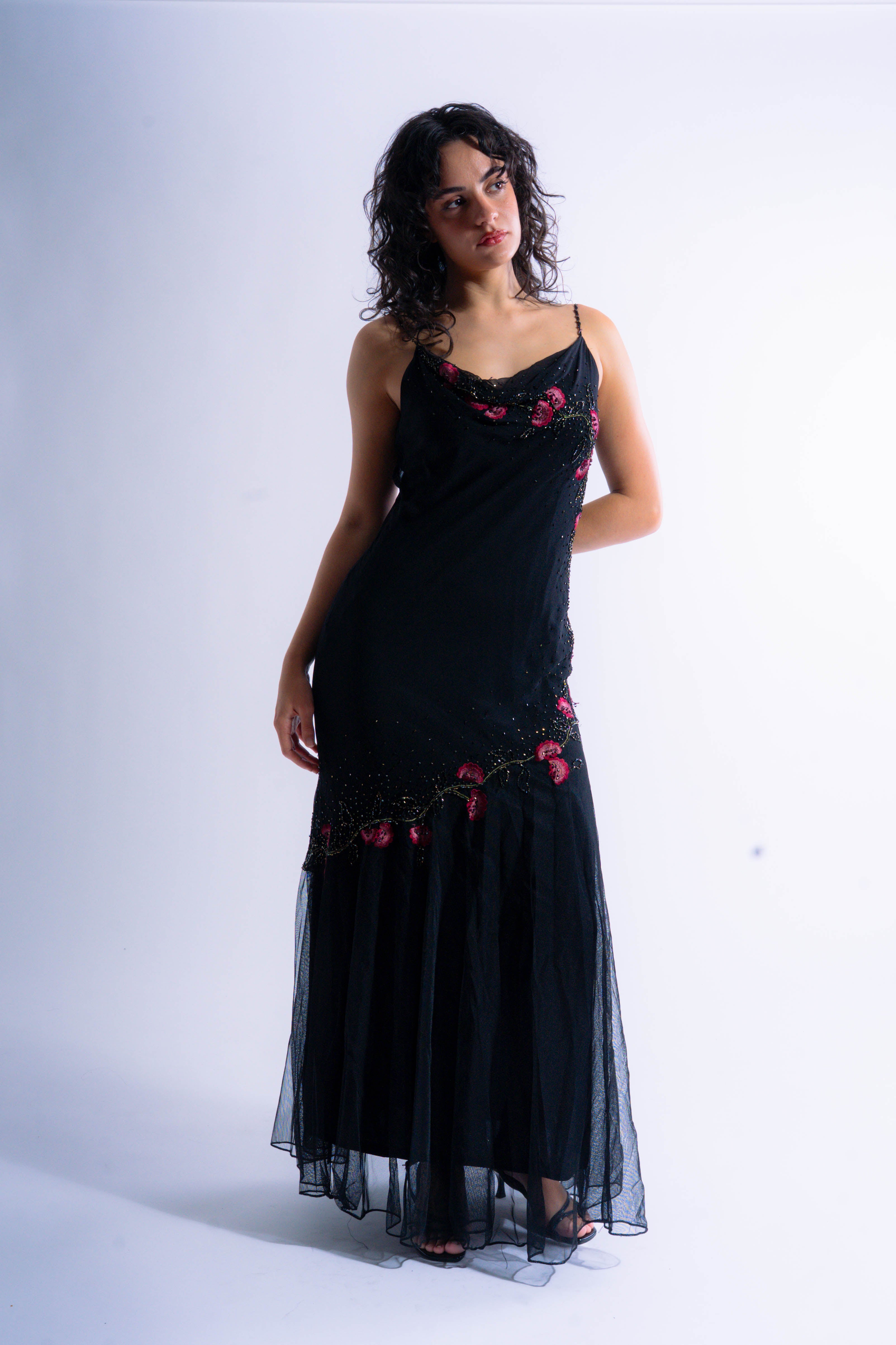 Black Floral Beaded Floor Length Gown